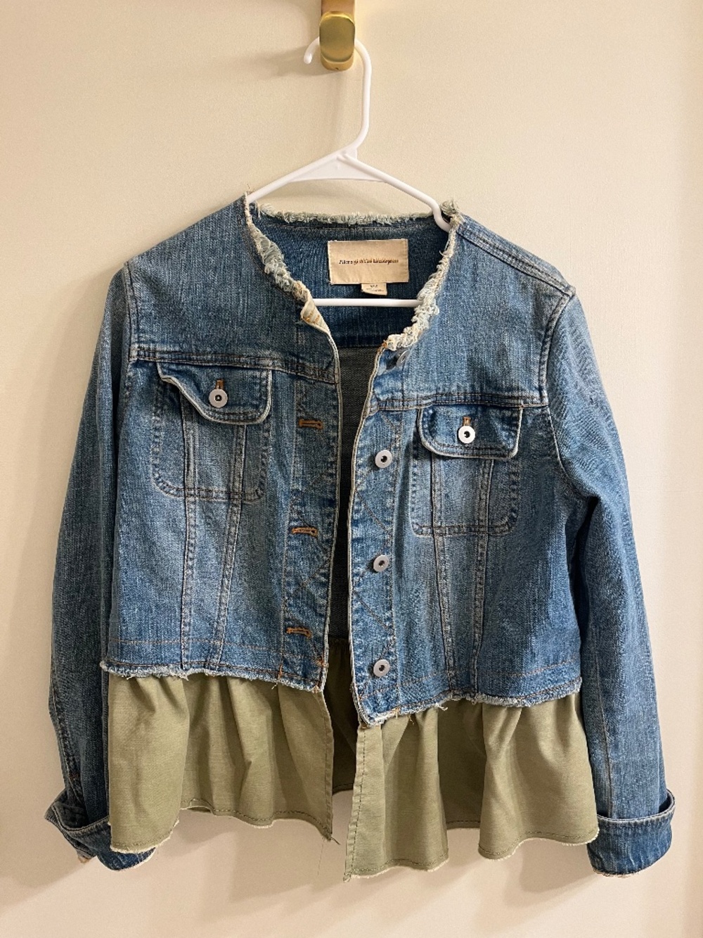 Pilcro and the Letterpress denim jacket with green ruffle, Women's small